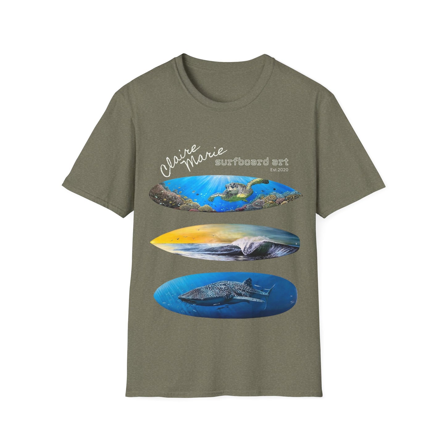 Claire Marie Surfboard Art T-Shirt — Sunset Wave, Turtle & Whale Shark Graphic Tee