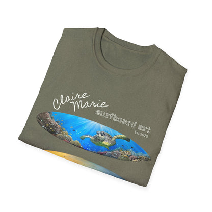 Claire Marie Surfboard Art T-Shirt — Sunset Wave, Turtle & Whale Shark Graphic Tee