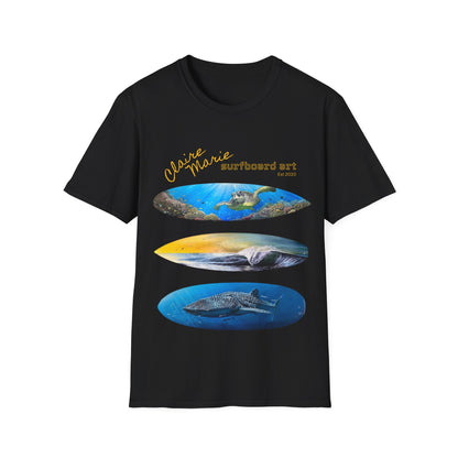 Claire Marie Surfboard Art T-Shirt — Sunset Wave, Turtle & Whale Shark Graphic Tee