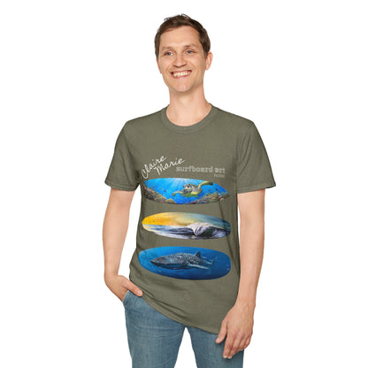 Claire Marie Surfboard Art T-Shirt — Sunset Wave, Turtle & Whale Shark Graphic Tee