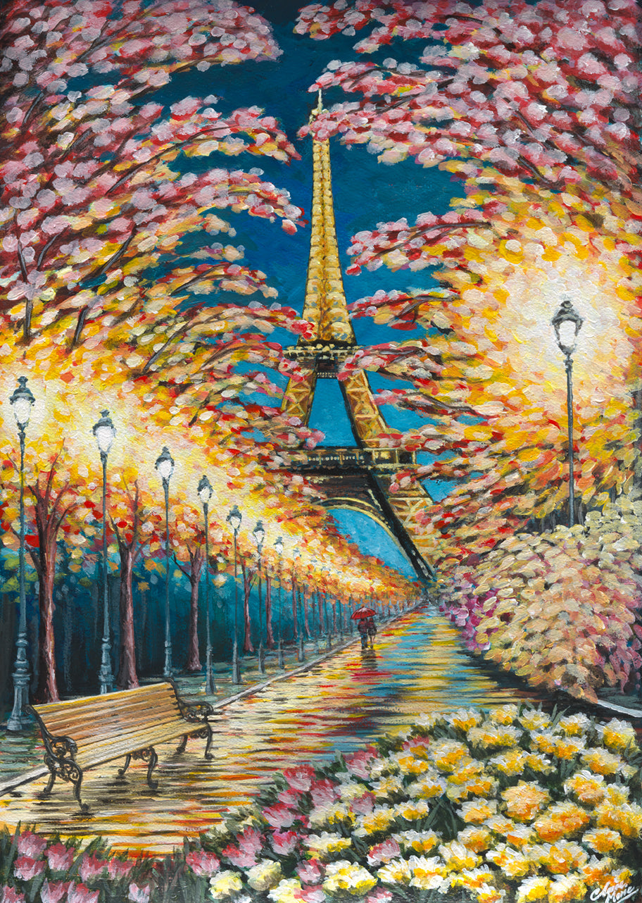 "Spring stroll in Paris" - original acrylic painting on A3 paper, FRAMED